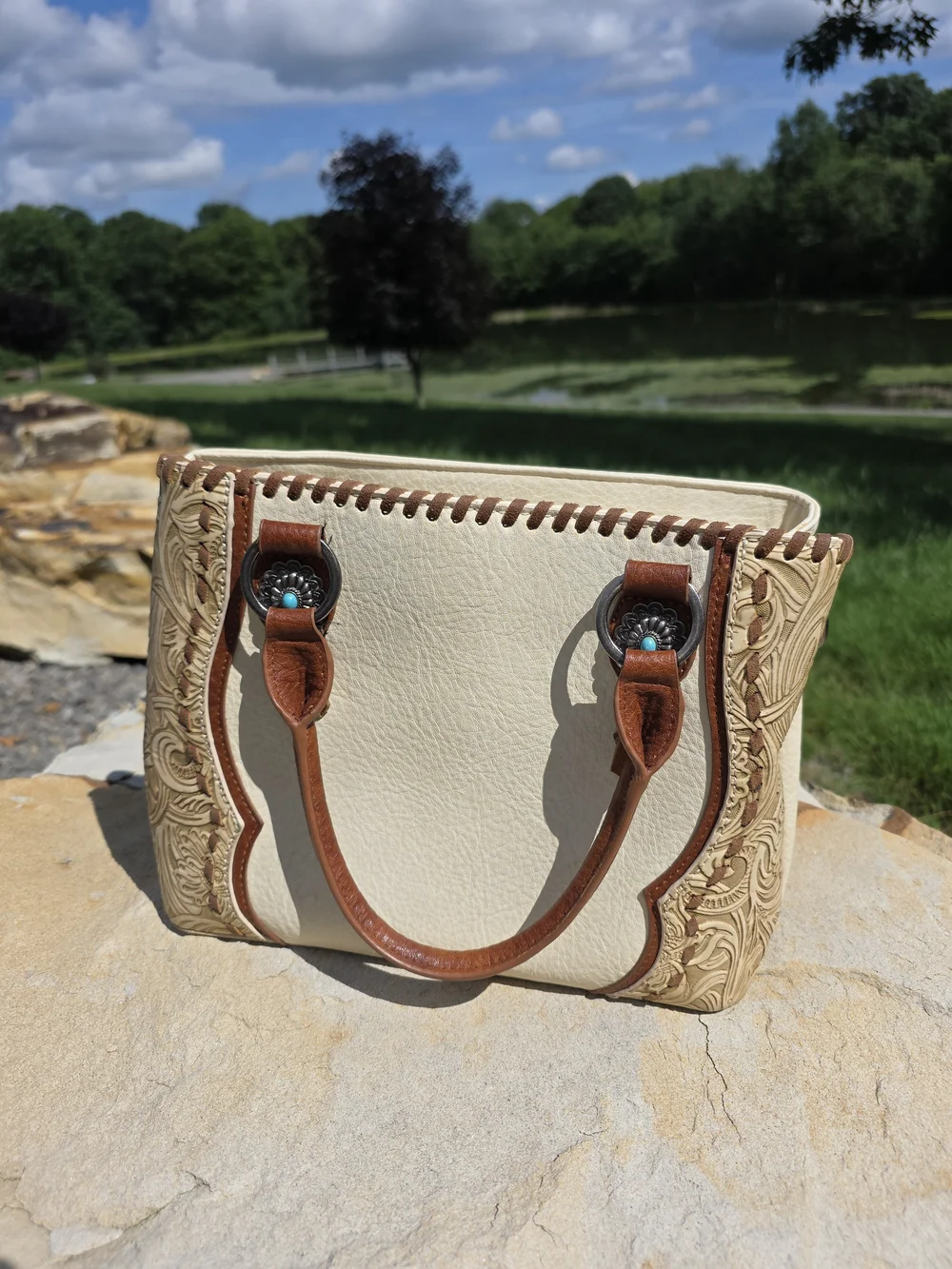 Western Tooled Leather Trinity Ranch Cream and Brown Women’s Satchel Handbag